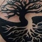 Фото тату: круглая татуировка с изображением дерева жизни в центре, выполненная в черном и сером цветах с кельтскими узорами. Расположена на плече.