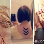 Фото тату: коллаж из трех фотографий, демонстрирующих минималистичные татуировки: стрелка на шее, стрелки на спине и узоры на стопе.