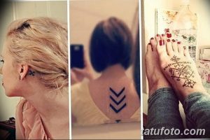 Фото тату: коллаж из трех фотографий, демонстрирующих минималистичные татуировки: стрелка на шее, стрелки на спине и узоры на стопе.