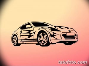 Эскиз тату спортивного автомобиля в стиле графики, выполненный в черном цвете на фоне градиента от розового к оранжевому.