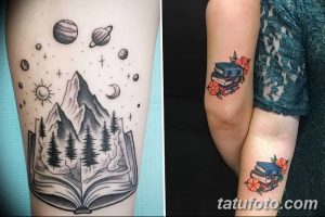 Фотография татуировки на ноге с изображением открытой книги, из которой видны горы, планеты и звездное небо.