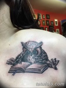 Фото тату на плече с изображением совы, читающей книгу. Черно-белый рисунок, реалистичный стиль, детализированный эскиз татуировки.