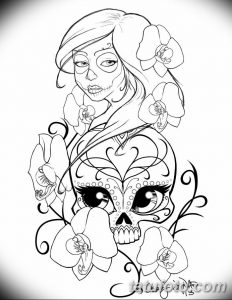 Черно-белый эскиз татуировки в стиле Day of the Dead (День мертвых). Изображение женского черепа, украшенного цветами и узорами.
