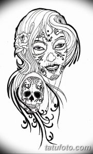 Фото тату: эскиз татуировки в стиле сахарная черепушка (sugar skull) с изображением девушки, украшенной цветами и узорами, выполненный в черно-белой гамме.