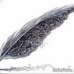Эскиз татуировки в стиле реализм, изображающий перо с детальной проработкой текстуры и узоров, выполненный в черно-серых тонах.