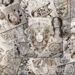 Фотография нескольких эскизов татуировок, разложенных на столе. Разнообразие стилей и сюжетов: портреты, животные, надписи, геометрические узоры.