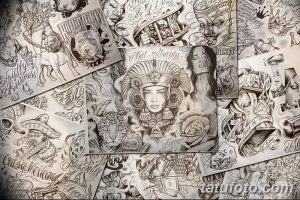 Фотография нескольких эскизов татуировок, разложенных на столе. Разнообразие стилей и сюжетов: портреты, животные, надписи, геометрические узоры.