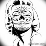 Эскиз татуировки в стиле Day of the Dead с изображением женской головы в виде калаверы, украшенной цветами и узорами.