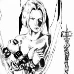 Черно-белый эскиз татуировки с изображением героини BloodRayne, держащей меч. Детализированный рисунок передает ее силу и загадочность.