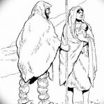 Черно-белый эскиз татуировки с изображением мужчины и женщины, ведущих за собой ребенка и скот, символизирующий кочевой образ жизни. Подходит для любителей истории и путешествий.