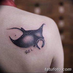 Черно-серая татуировка манта-ската на плече. Детализированный рисунок с использованием тонких линий и точечной штриховки.
