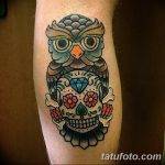 Фото тату сова с черепом 15.10.2018 №001 - owl tattoo with skull - tatufoto.com