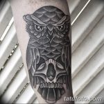 Фото тату сова с черепом 15.10.2018 №008 - owl tattoo with skull - tatufoto.com