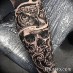 Фото тату сова с черепом 15.10.2018 №028 - owl tattoo with skull - tatufoto.com