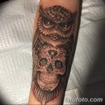 Фото тату сова с черепом 15.10.2018 №056 - owl tattoo with skull - tatufoto.com