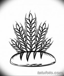 Черно-белый эскиз татуировки, изображающий несколько колосков пшеницы, расположенных над буханкой хлеба. Символ изобилия и благополучия.