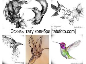 Коллаж из нескольких эскизов татуировок колибри в различных стилях и позах. Изображения демонстрируют разнообразие идей для татуировки колибри.