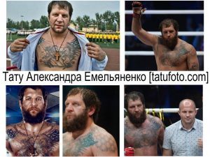 Коллаж фотографий Александра Емельяненко с его татуировками на теле. Видны татуировки на шее, груди, руках и плечах.