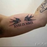 Фото тату: изящная татуировка с изображением двух ласточек и римскими цифрами на руке. Символ свободы, любви и надежды.