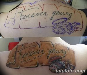 Фото эскиза татуировки 'Forever Young' с изображением сердца, часов и пульсирующей линии, выполненного в реалистичном стиле.