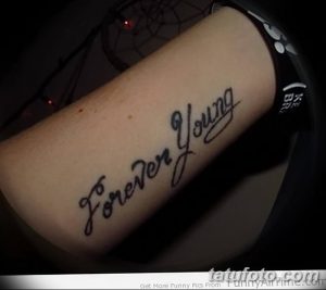 Фото тату с надписью 'Forever Young' на предплечье, выполненной черным шрифтом. Классический дизайн на светлой коже.