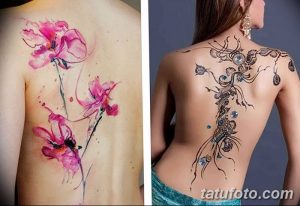 Фото двух акварельных татуировок: на спине маки в нежных розовых тонах, на лопатке абстрактный узор с кристаллами. Легкие и воздушные рисунки.
