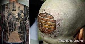 Фото тату: две фотографии, демонстрирующие иллюзорные татуировки. На одной - человек, словно выходящий из стены, на другой - кирпичная кладка, выглядывающая из-под кожи.
