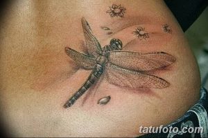 Фото тату стрекозы с тонкими крыльями и цветами на боку. Детализированный рисунок в стиле графика, выполненный в серых тонах.