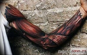 Фото тату анатомии мышц на руке. Детализированный рисунок в черно-красных тонах, имитирующий вскрытую кожу.