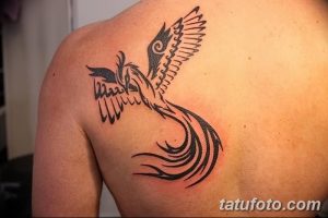 Фото тату на плече: стильная татуировка в стиле трайбл с изображением феникса, взмывающего в небо. Черные линии и геометрические узоры.