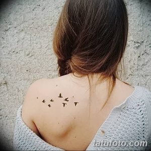 Фото минималистичных тату птиц на спине. Небольшие черные силуэты птиц, расположенные в произвольном порядке, символизирующие свободу и легкость.