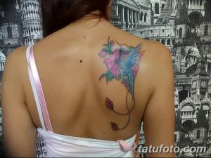 Фото акварельной татуировки колибри, парящего среди розовых и фиолетовых цветов на лопатке. Нежные переходы цветов и реалистичное изображение птицы.