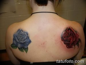 Фото тату двух роз на спине девушки: красной и голубой. Детализированный рисунок с реалистичными лепестками и листьями.