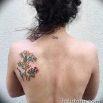 Фото татуировки с изображением полевых цветов на спине девушки. Рисунок выполнен в акварельной технике с использованием нежных желтых, розовых и зеленых оттенков.