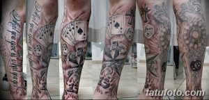Фото тату: яркая татуировка на руке с изображением игральных карт, костей, роз и надписи, выполненная в реалистичном стиле.