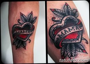 Фото тату в стиле олдскул: сердце, пронзенное стрелой, с надписью 'MAMA'. Черно-красный рисунок татуировки на предплечье.