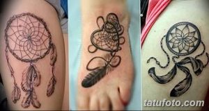 Фото тату ловца снов на разных частях тела. Три варианта рисунка с перьями и паутиной.