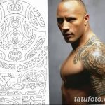 Фотография эскиза татуировки в полинезийском стиле и фотография Дуэйна Джонсона с готовой татуировкой на плече. Сравнение эскиза и результата.