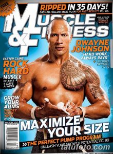 Фотография Дуэйна Джонсона на обложке журнала Muscle & Fitness, демонстрирующего свою мускулатуру и татуировку на руке.