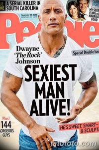 Фотография Дуэйна Джонсона на обложке журнала People с надписью "Sexiest Man Alive". Видна татуировка на плече.