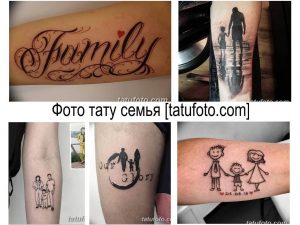 Коллаж из фотографий татуировок с надписью 'Семья'. Различные стили и размеры, от каллиграфии до силуэтов, на разных частях тела.