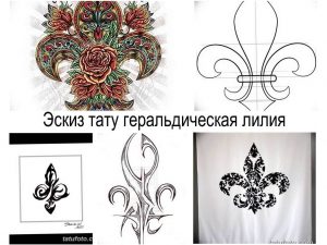 Коллаж эскизов тату с геральдической лилией (флёр-де-лис) и цветочными мотивами. Различные стили и размеры рисунков.