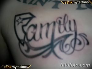 Фото тату на груди: надпись 'Family' в оригинальном шрифте с декоративными элементами и звездой.