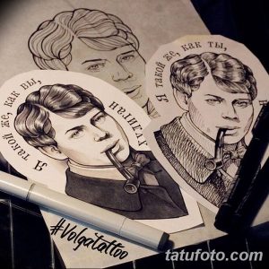 Фото тату: эскиз коллажа из трех портретов в стиле sketch, выполненный черно-белыми линиями и штрихами, с добавлением элементов растительного орнамента.
