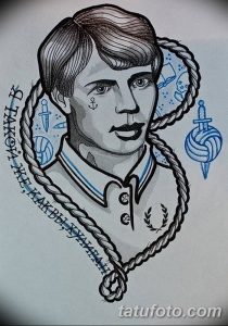 Фото тату: эскиз татуировки с изображением Сергея Есенина в морском стиле, окруженного канатами, якорями и кинжалами.