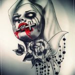 Фото тату в стиле old school с изображением плачущей монахини с крестом в зубах и розарием, выполненное в черно-белых тонах.