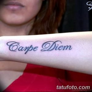 Фото тату надписи 'Carpe Diem' черным цветом, выполненной каллиграфическим шрифтом на внутренней стороне предплечья девушки.