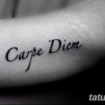 Простая и лаконичная татуировка надписи 'Carpe Diem' черным цветом на внутренней стороне предплечья. Идеально для любителей минимализма.