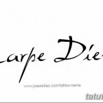 Фото тату надписи 'Carpe Diem' выполненной рукописным шрифтом. Черно-белый рисунок татуировки, подчеркивающий индивидуальность и свободу.