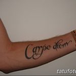 Фото тату с надписью 'Carpe Diem' на предплечье, выполненной простым шрифтом. Классический и минималистичный рисунок татуировки.